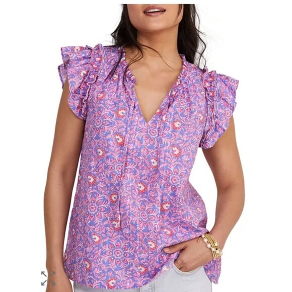 Lilly Pulitzer Tops - Lilly Pulitzer Pink Purple floral Katama Top size XL Ruffle sleeve Feminine